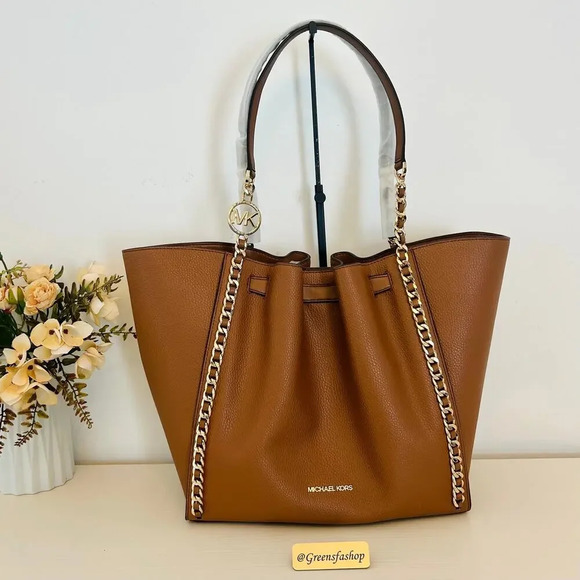 Michael Kors Handbags - Michael Kors Mina Women Large Belted MKCharm Chain Tote Shoulder Bag Luggage